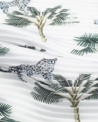 White And Green Tropical Pattern Digital Print Georgette Satin Pleated Stole