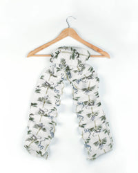 White And Green Tropical Pattern Digital Print Georgette Satin Pleated Stole