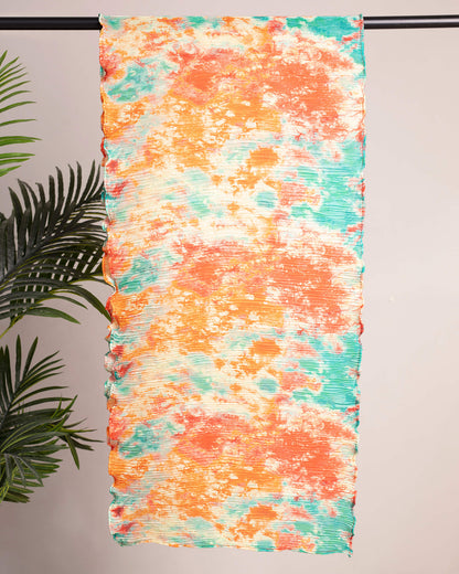 Orange And Turquoise Tye And Dye Pattern Digital Print Georgette Satin Pleated Stole