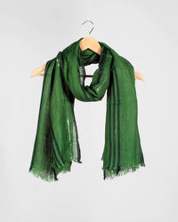 Forest Green And Black Stripes Pattern Woven Bhagalpuri Viscose Linen Stole With Lurex Border - Fabcurate