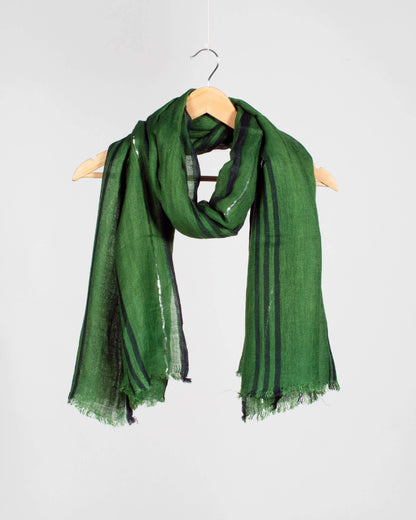 Forest Green And Black Stripes Pattern Woven Bhagalpuri Viscose Linen Stole With Lurex Border - Fabcurate
