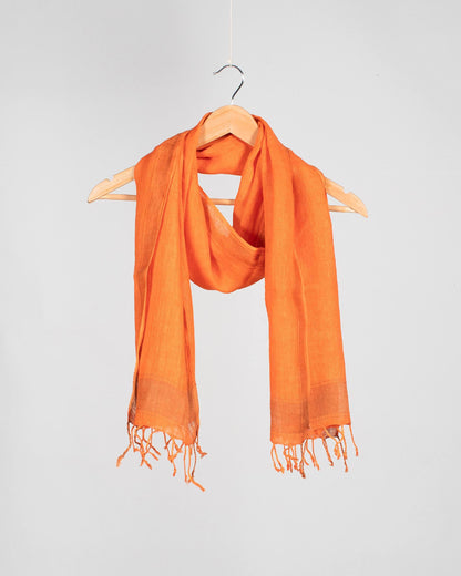 Sandstone Orange Plain Woven Bhagalpuri Viscose Linen Stole With Tassels - Fabcurate