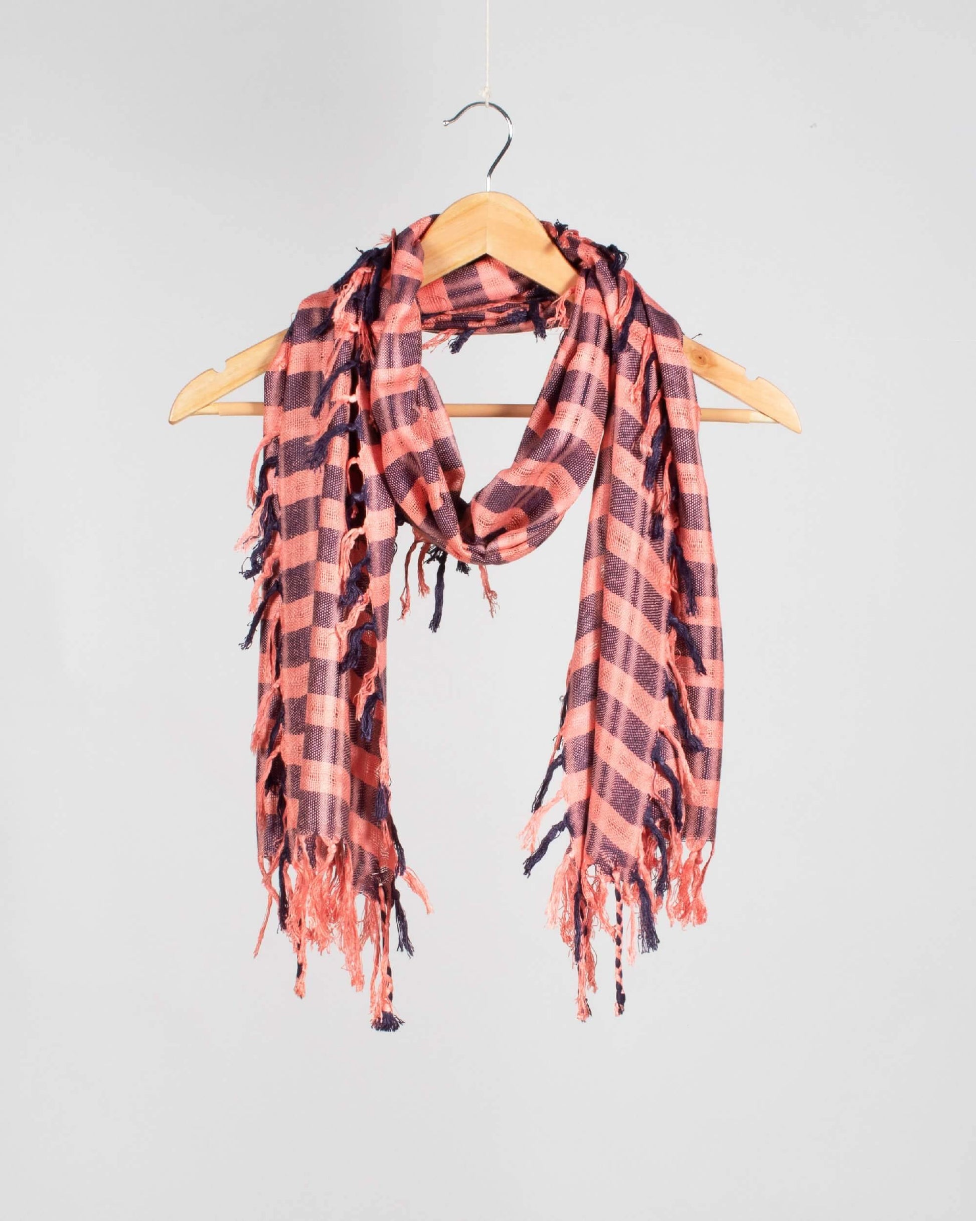 Coral Peach And Prussian Blue Woven Bhagalpuri Viscose Stole With Tassels - Fabcurate