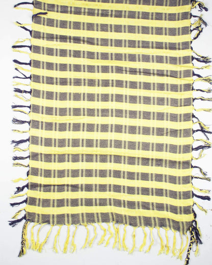 Mellow Yellow And Prussian Blue Woven Bhagalpuri Viscose Stole With Tassels - Fabcurate