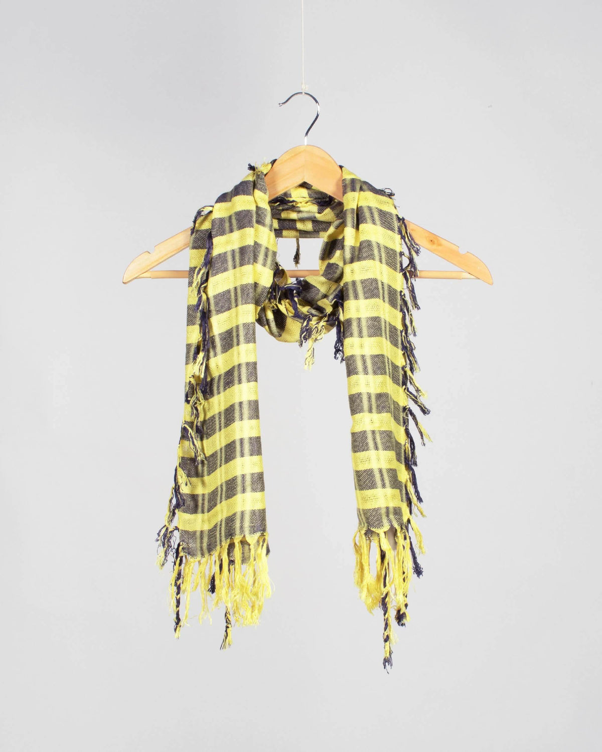 Mellow Yellow And Prussian Blue Woven Bhagalpuri Viscose Stole With Tassels - Fabcurate