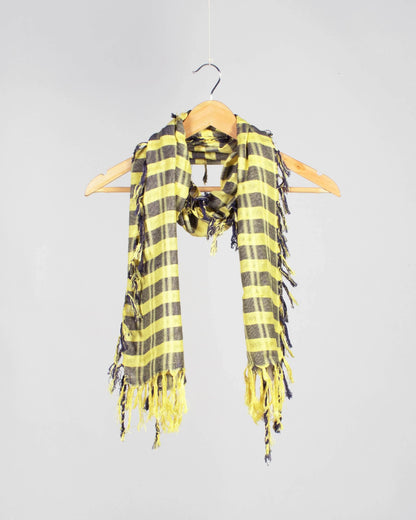 Mellow Yellow And Prussian Blue Woven Bhagalpuri Viscose Stole With Tassels - Fabcurate
