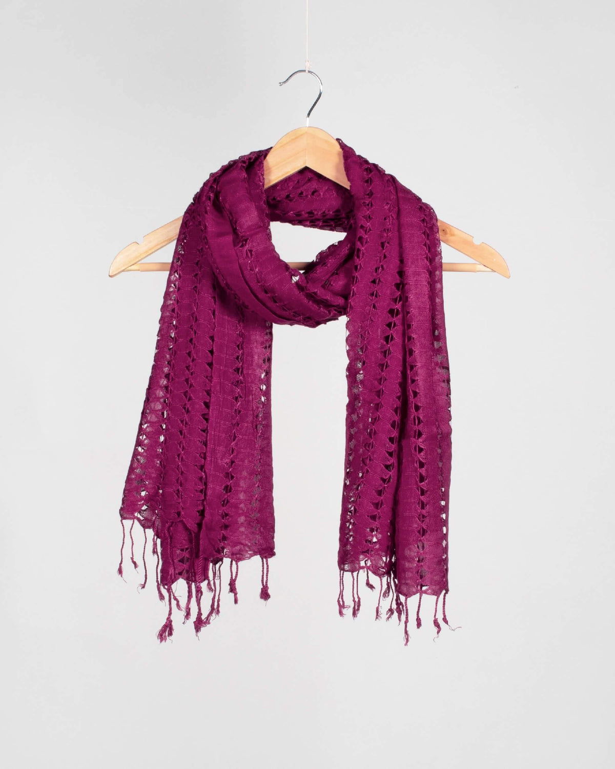 Plum Purple Plain Woven Bhagalpuri Viscose Dobby Net Stole With Tassels - Fabcurate