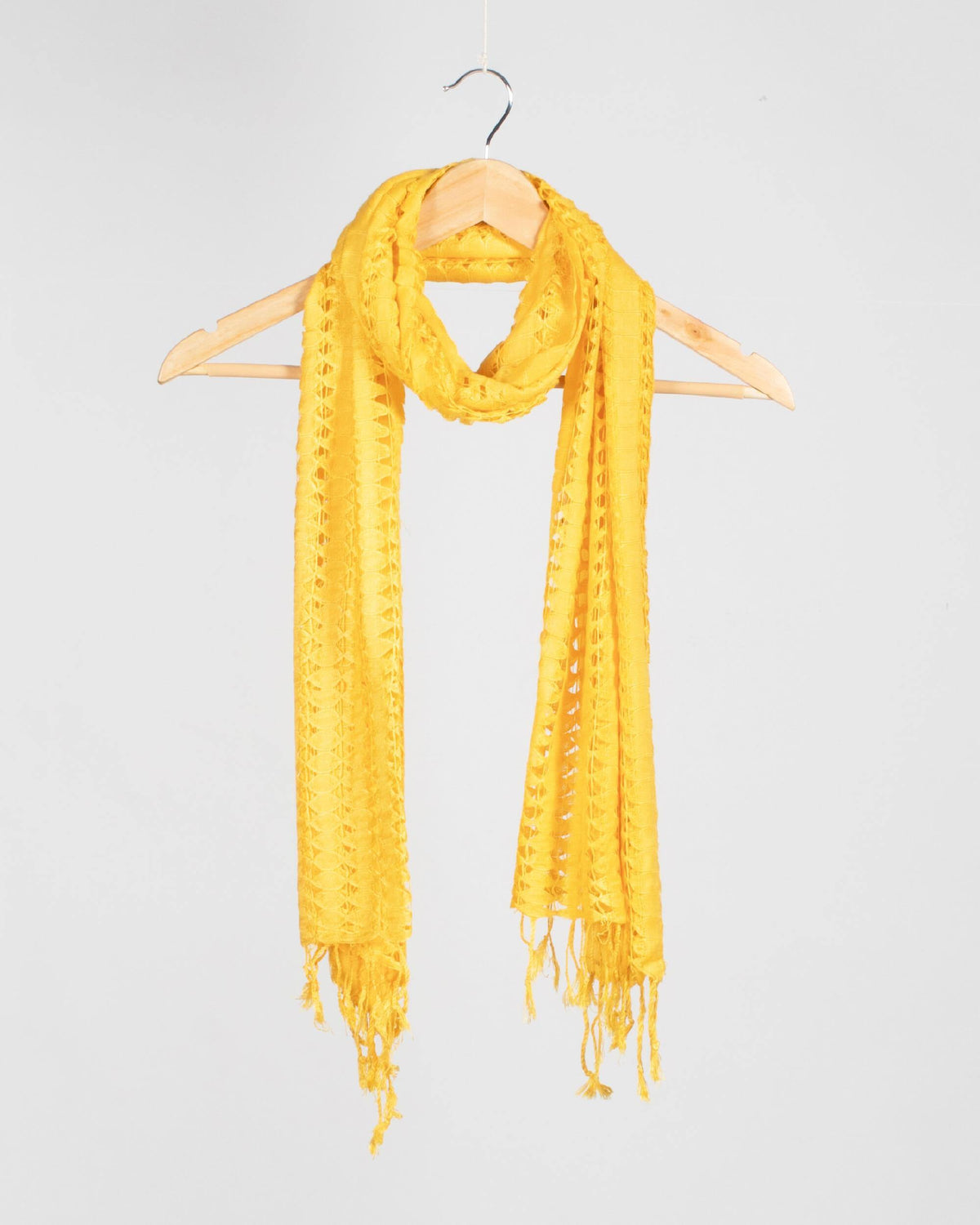 Tuscany Yellow Plain Woven Bhagalpuri Viscose Dobby Net Stole With Tassels - Fabcurate