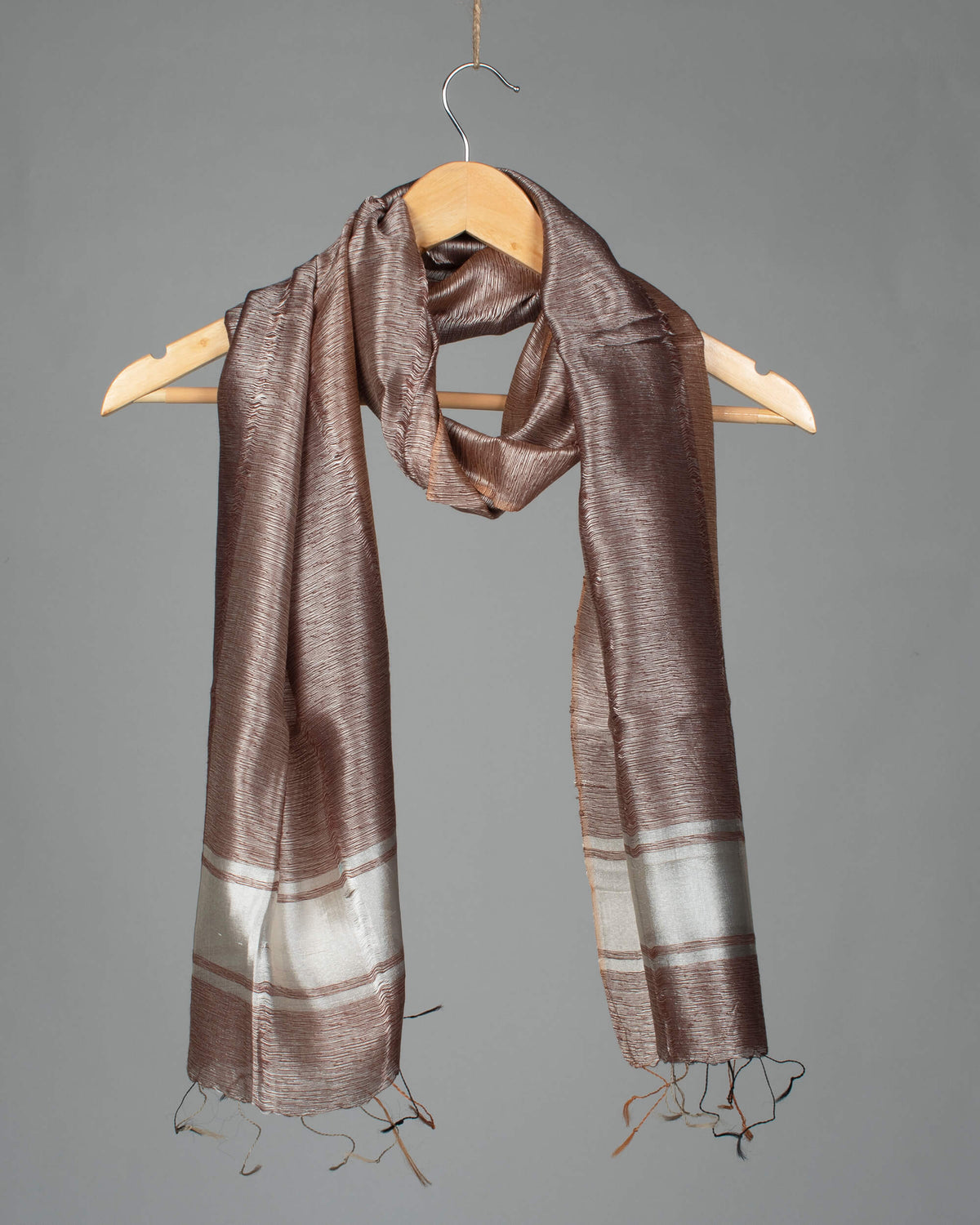 Brown Tusser Stripes Pattern Woven Bhagalpuri Bananna Silk Stole - Fabcurate