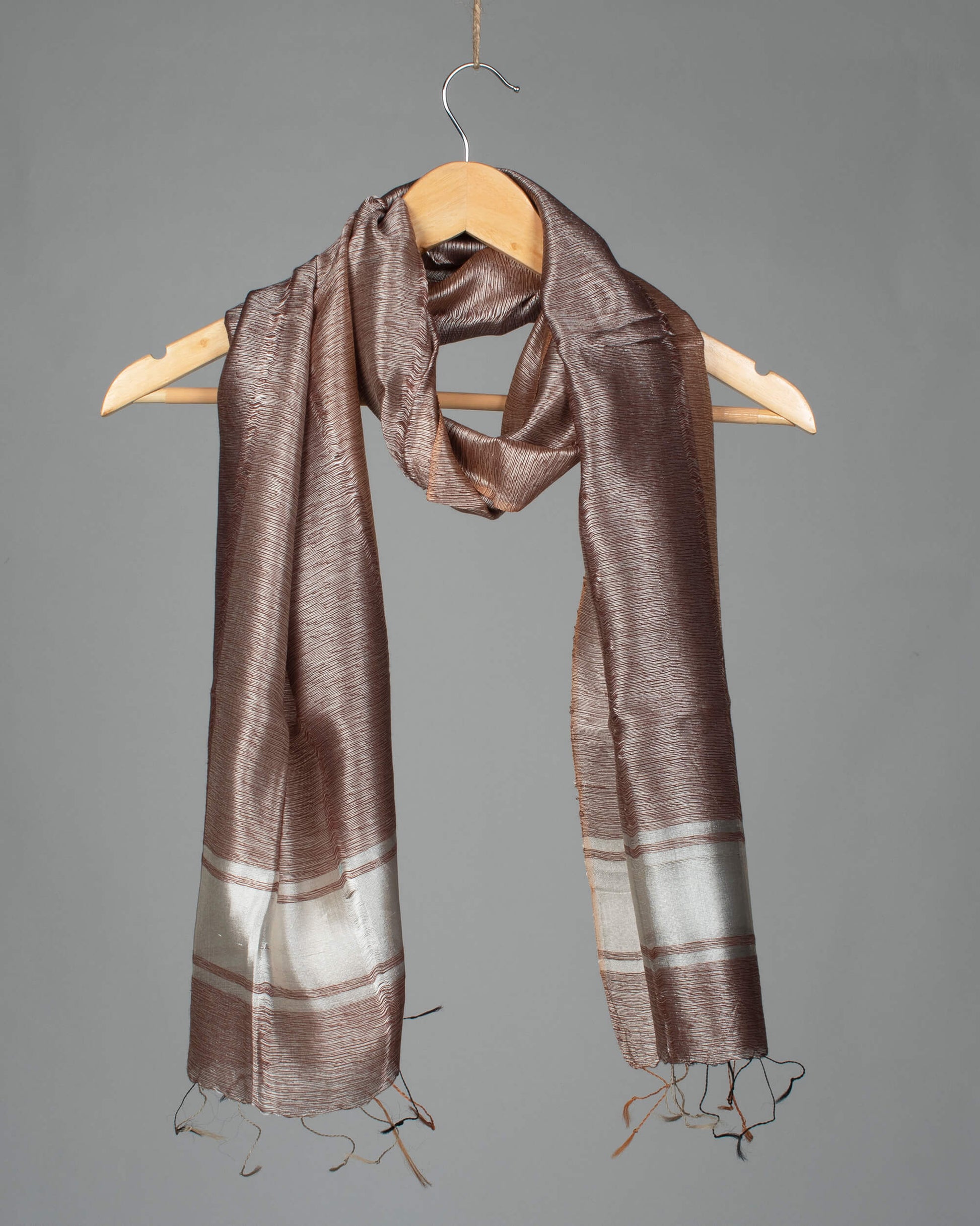 Brown Tusser Stripes Pattern Woven Bhagalpuri Bananna Silk Stole - Fabcurate