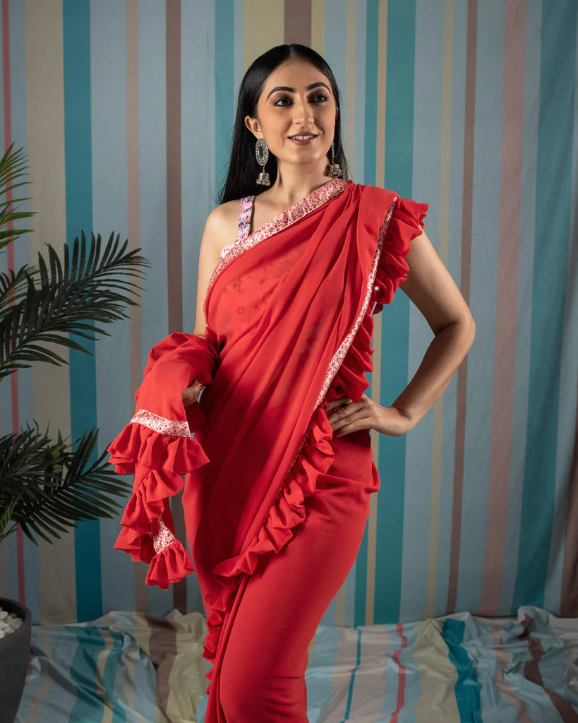 Red Plain Georgette Ruffle Saree With Printed Satin Border