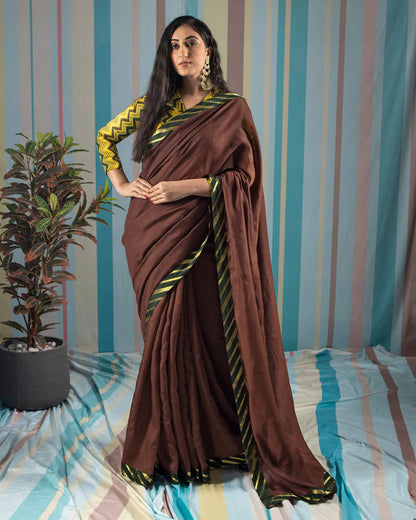 Coffee Brown Plain Viscose Chanderi Saree With Zari Border