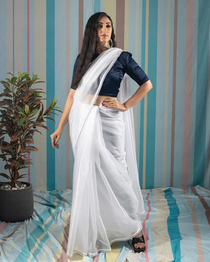 White Plain Organza Satin Saree With Pearl Work Lace Border