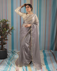 Pegion Grey Plain Liquid Organza Saree With Lace Border