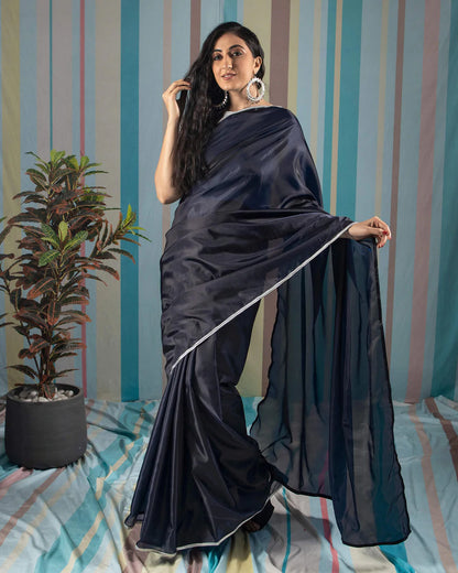 Navy Blue Plain Liquid Organza Saree With Lace Border