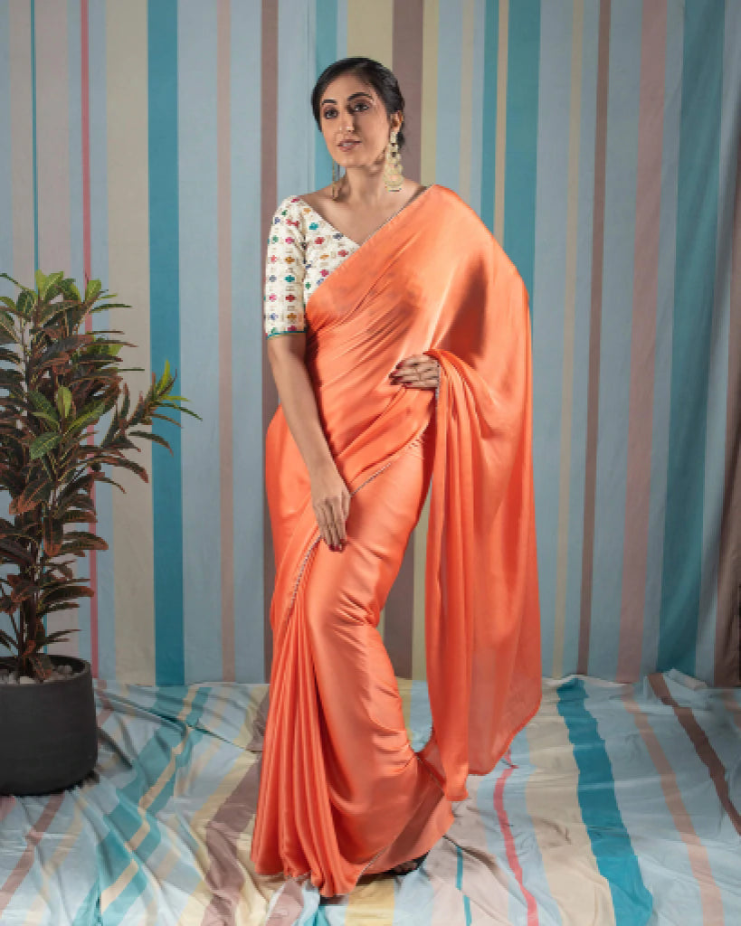 Salmon Orange Plain Chiffon Satin Saree With Lace Border