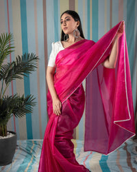 Jam Pink Plain Liquid Organza Saree With Pearl Work Lace Border