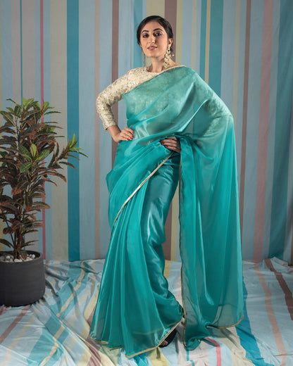 Turquoise Plain Liquid Organza Saree With Lace Border
