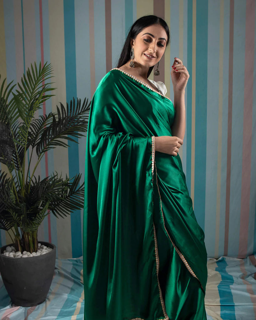 Sacramento Green Plain Japan Satin Saree With Lace Border