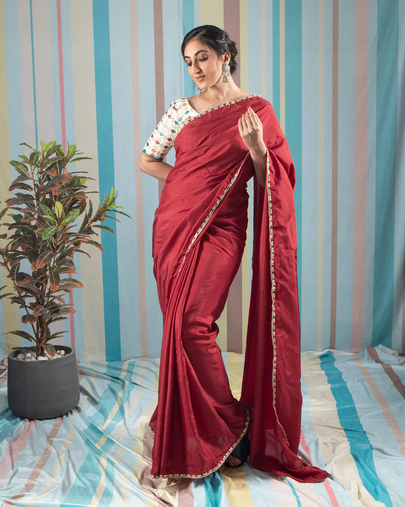 Maroon Plain Viscose Uppada Silk Saree With Sequins Lace Border