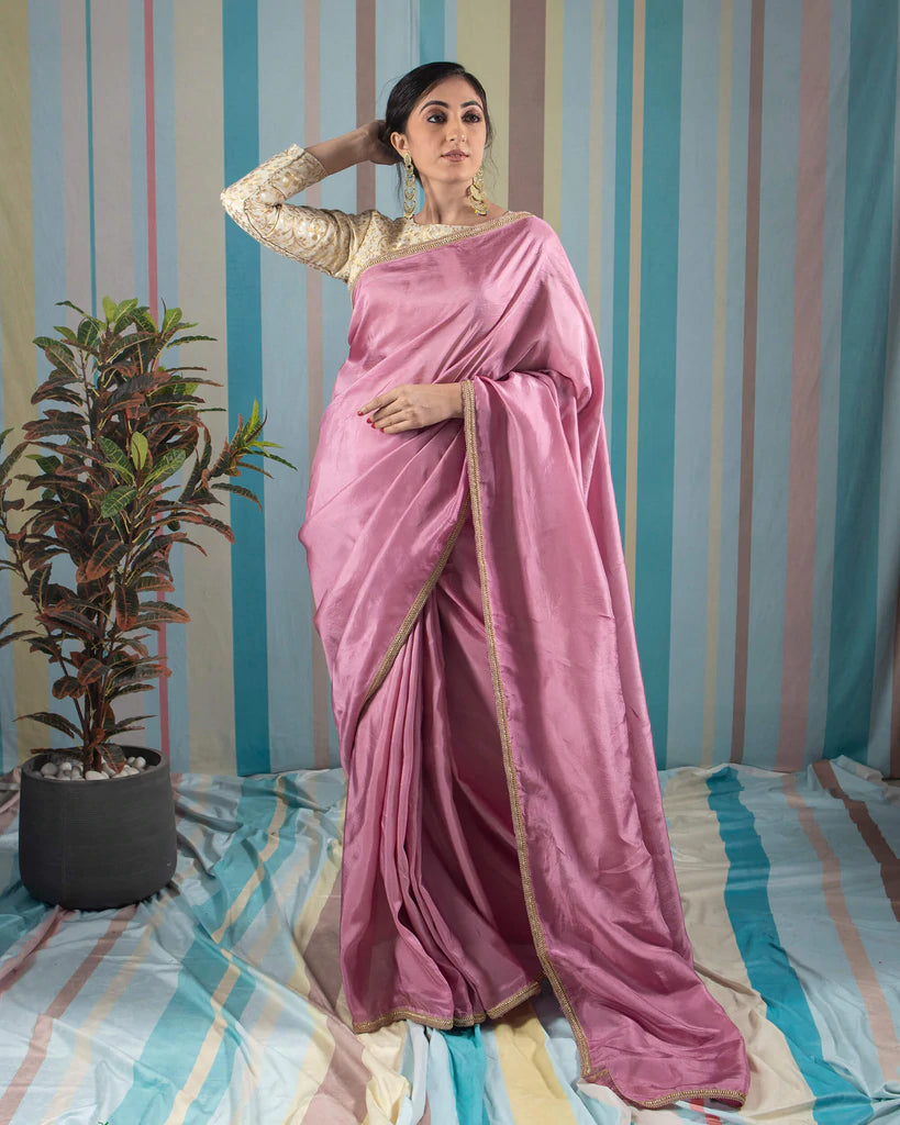 Thulian Pink Plain Viscose Uppada Silk Saree With Lace Border