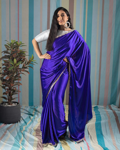 Royal Blue Plain Japan Satin Saree With Sequins Lace Border
