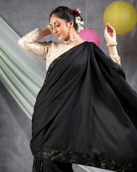 Black Plain Japan Satin Saree With Dew Drops Work Lace Border