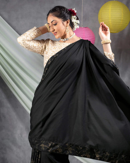 Black Plain Japan Satin Saree With Dew Drops Work Lace Border
