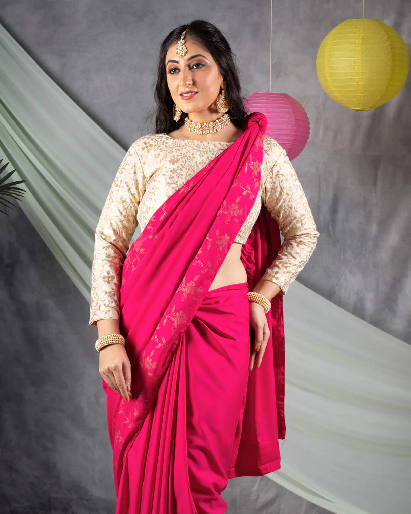 Cerise Pink Plain Japan Satin Saree With Dew Drops Work Lace Border