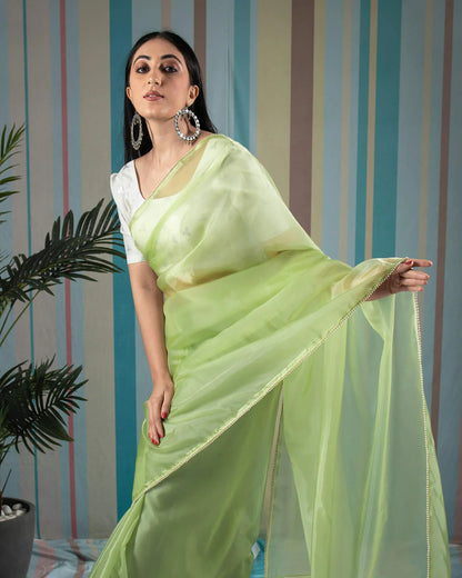 Basil Green Plain Liquid Organza Saree With Pearl Work Lace Border