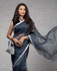 Dark Grey Plain Organza Tissue Saree With Silver Zari Lace Border