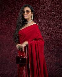 Red Plain Half Paisley Foil Print Velvet Saree With Lace Border