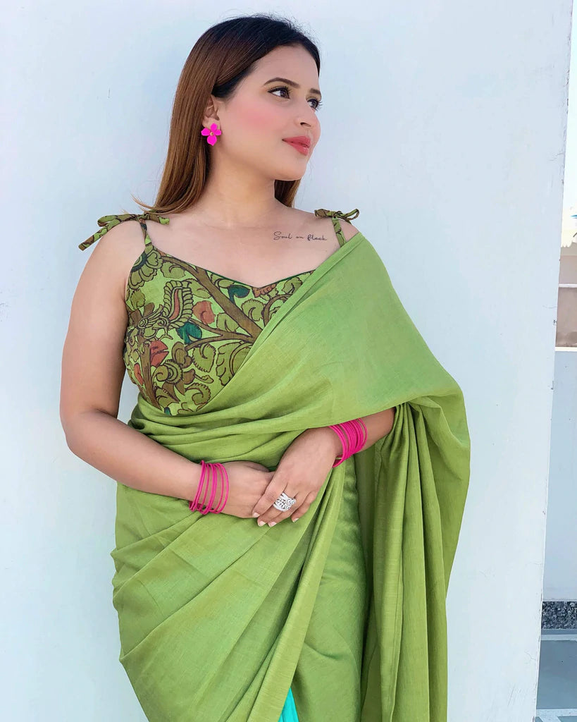 Turquoise And Parrot Green Plain Half Poly Cotton Slub Saree With Tassels