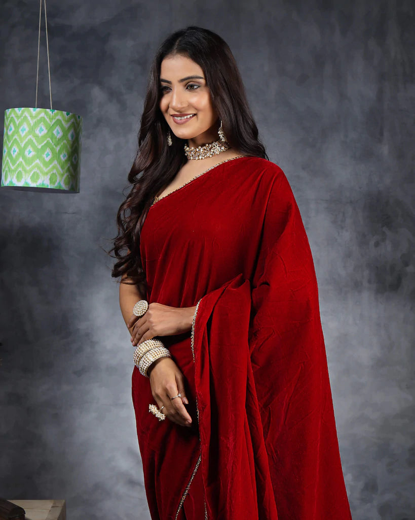 Indian Red Plain Velvet Saree With Zari Stone Work Lace Border