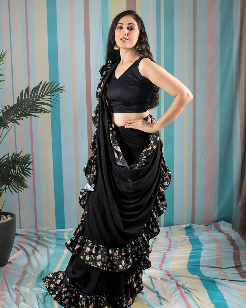 Black Plain Georgette Printed Ruffle Saree