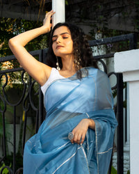 Carolina Blue Golden Zari Gotta Patti Work Organza Satin Saree With Tubular Beads Sequins Lace Border