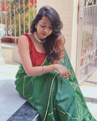 Pine Green Gloden Zari Gotta Patti Work Organza Satin Saree With Tubular Beads Sequins Lace