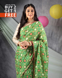 Green And Red Bandhanii Pattern Screen Print Kota Doria Saree With Gota Patti Work Lace Border
