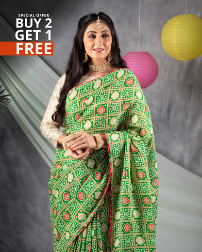 Green And Red Bandhanii Pattern Screen Print Kota Doria Saree With Gota Patti Work Lace Border