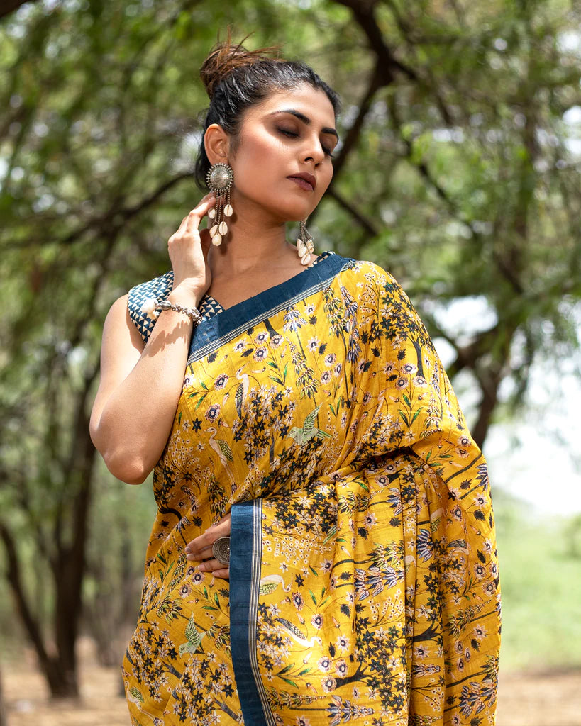 Medallion Yellow And Green Floral Pattern Digital Print Art Tusser Silk Saree With Tassels