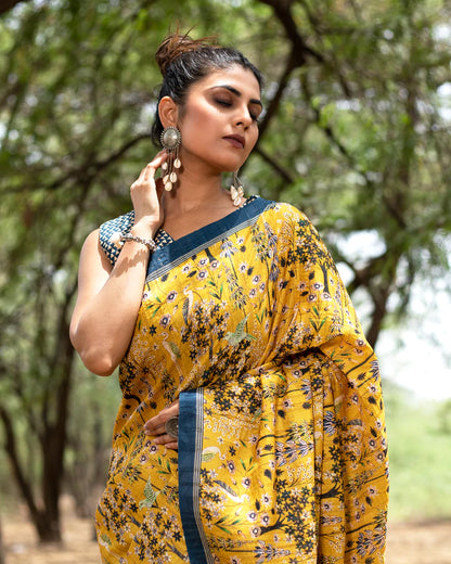 Medallion Yellow And Green Floral Pattern Digital Print Art Tusser Silk Saree With Tassels