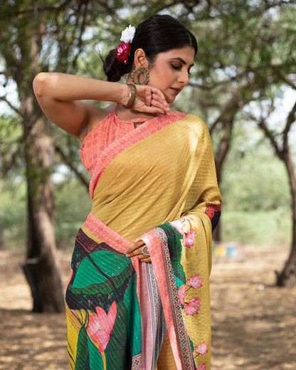 Trombone Yellow And Pink Floral Pattern Premium Sequins Georgette Saree With Tassels