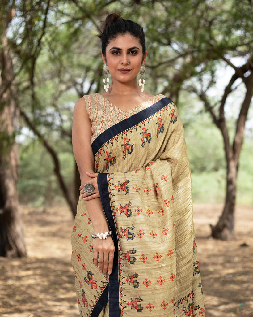 Ecru Beige And Red Madhuvanii Pattern Digital Print Art Tusser Silk Saree With Tassels