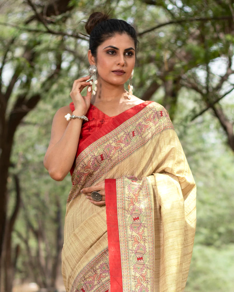 Ecru Beige And Burnt Orange Madhuvanii Pattern Digital Print Art Tusser Silk Saree With Tassels