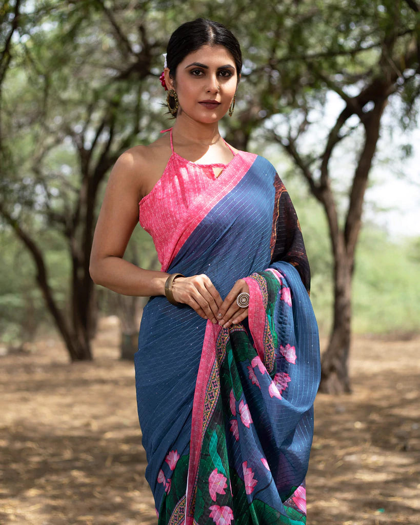 Prussian Blue And Pink Floral Pattern Digital Print Premium Sequins Georgette Saree With Tassels