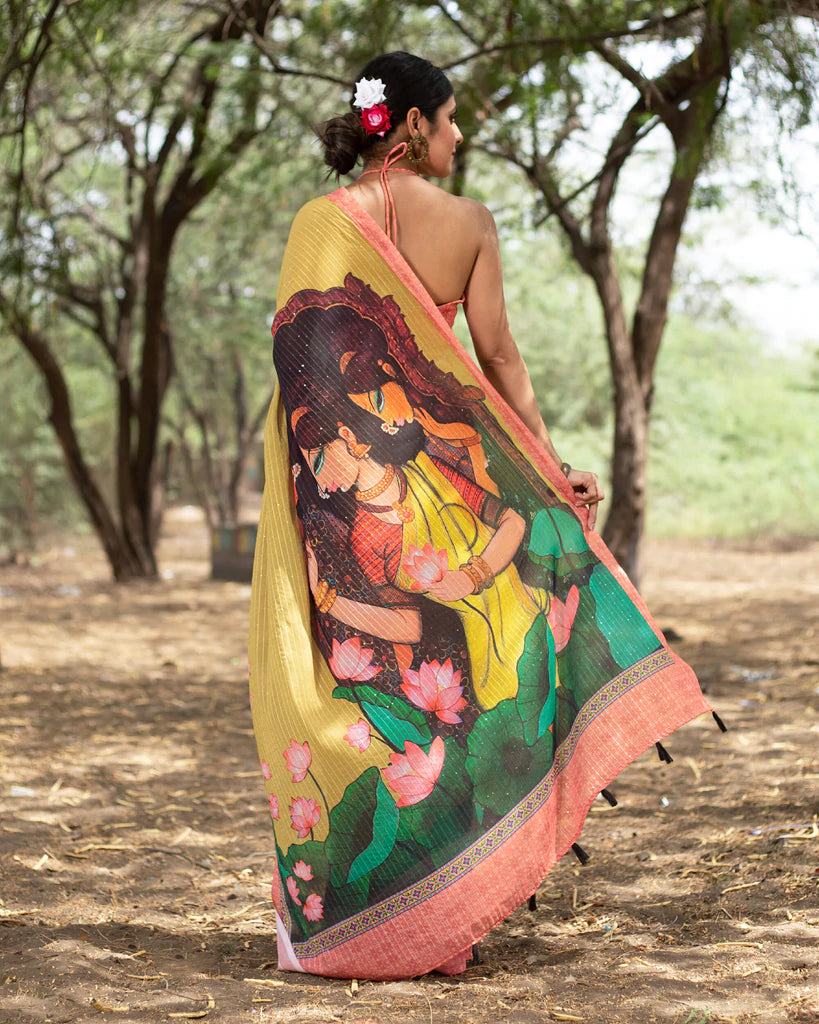 Trombone Yellow And Pink Floral Pattern Premium Sequins Georgette Saree With Tassels