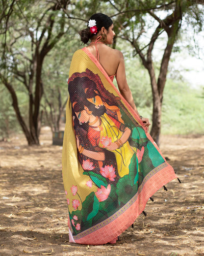 Trombone Yellow And Pink Floral Pattern Premium Sequins Georgette Saree With Tassels