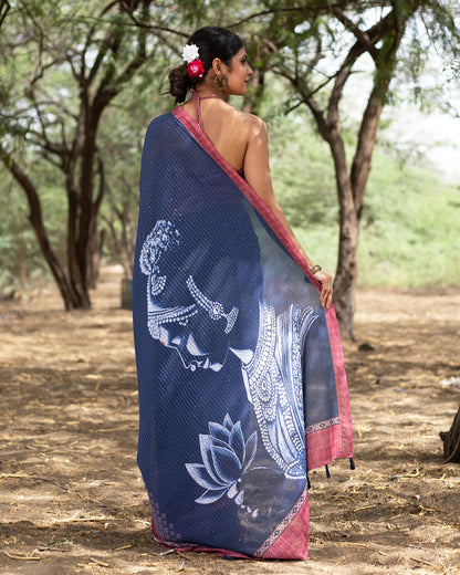 Navy Blue And Cannon Pink Quirky Pattern Premium Sequins Georgette Saree With Tassels