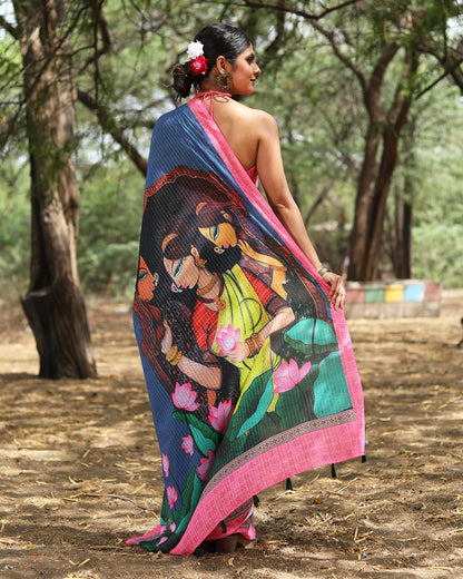 Prussian Blue And Pink Floral Pattern Digital Print Premium Sequins Georgette Saree With Tassels