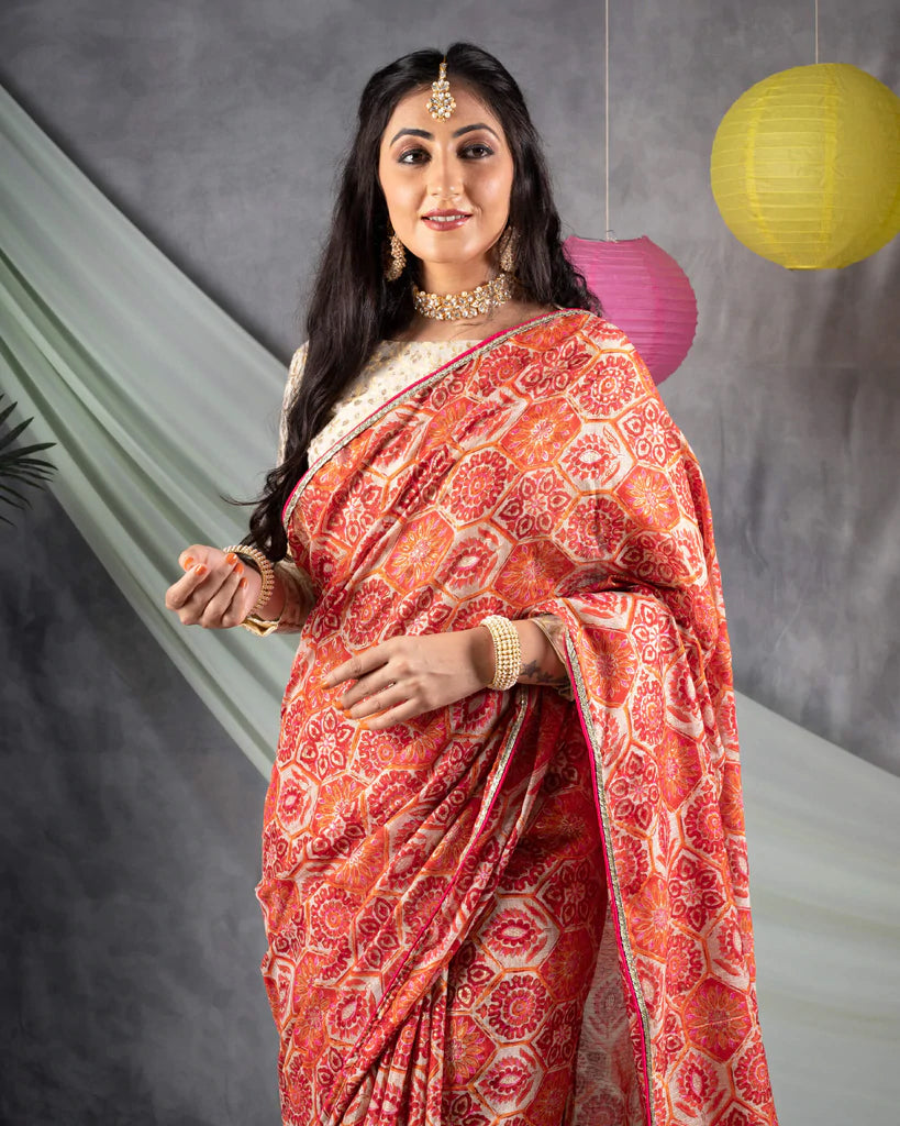 Red And Orange Traditional Pattern Foil Print Kota Doria Saree With Zari Lace Border